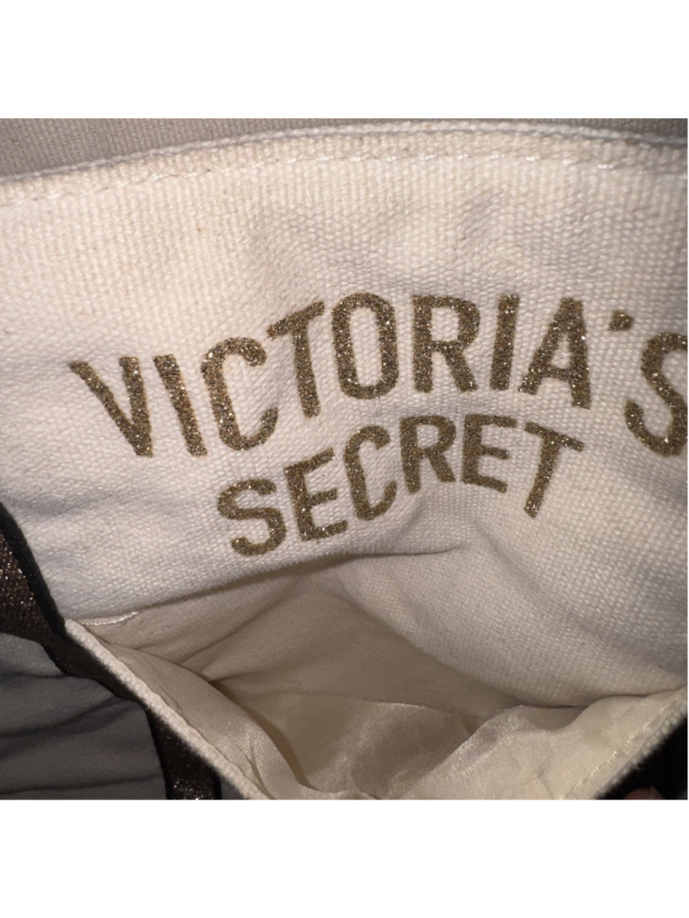 Victoria’s Secret Sparkle Carryall Canvas Tote Bag Weekender Gold Glitter Travel - Picture 7 of 13